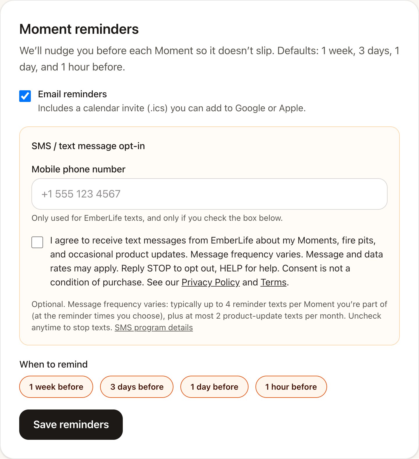 EmberLife Settings page: mobile number field and the unchecked text-message consent checkbox with disclosures